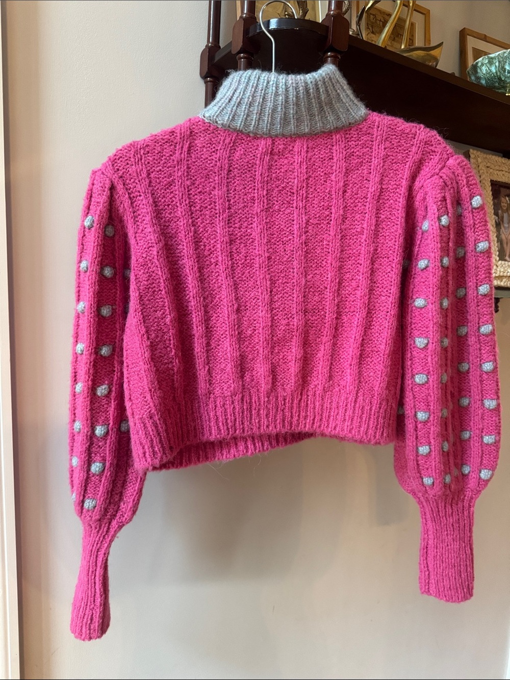 LoveShackFancy Hot Pink Sweater with Light Gray Contrast Turtleneck - Picture 4 of 4